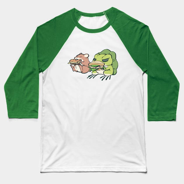 traveling frog eating sandwich lunch with mouse / tabi kaeru Baseball T-Shirt by mudwizard